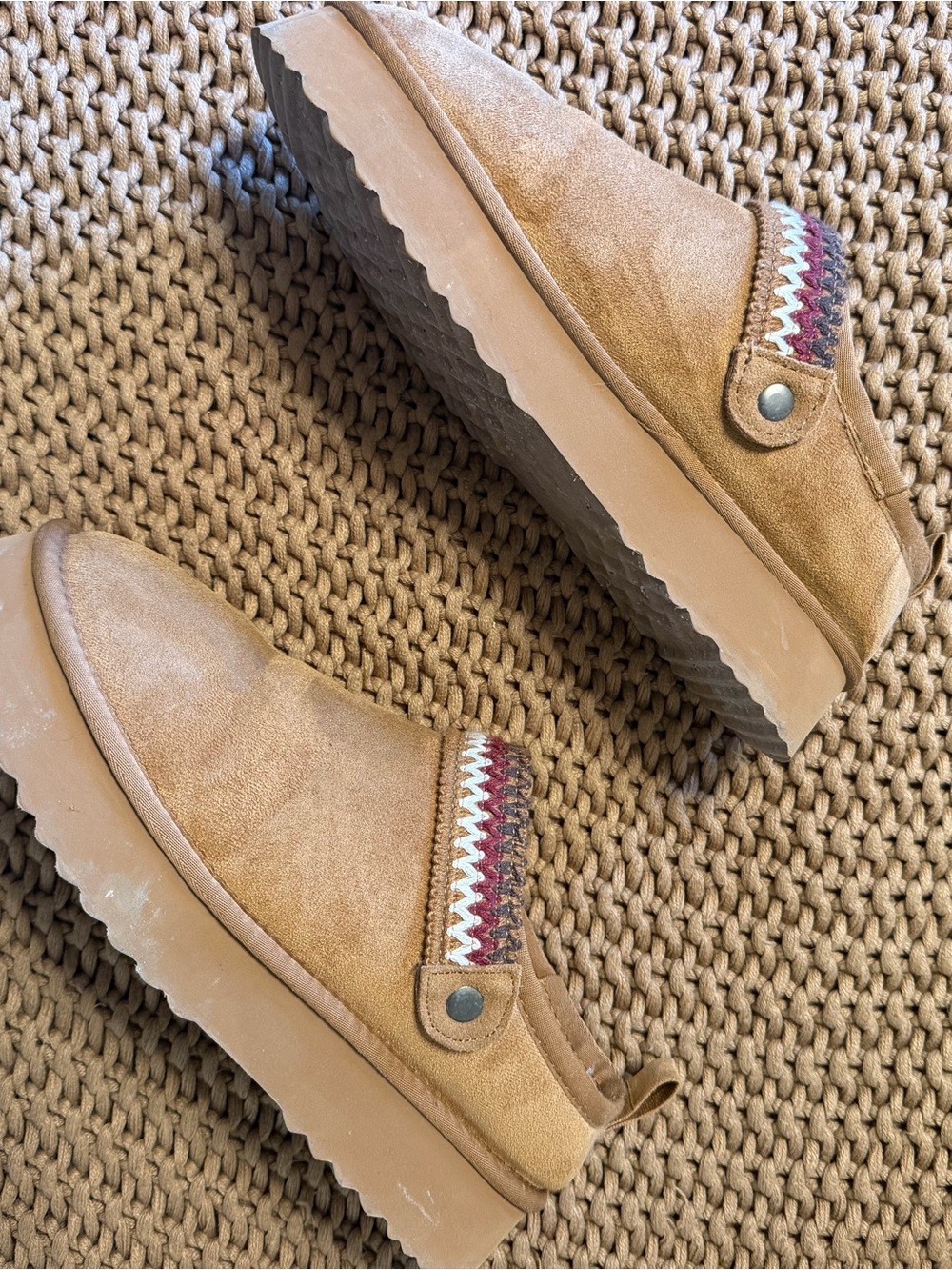 Women’s Tan Suede Slip-On Platform Shoe with Embroidered Trim